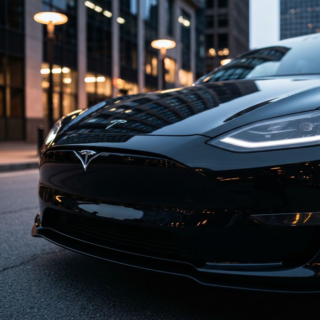 Tesla windshield with golden sunset reflections