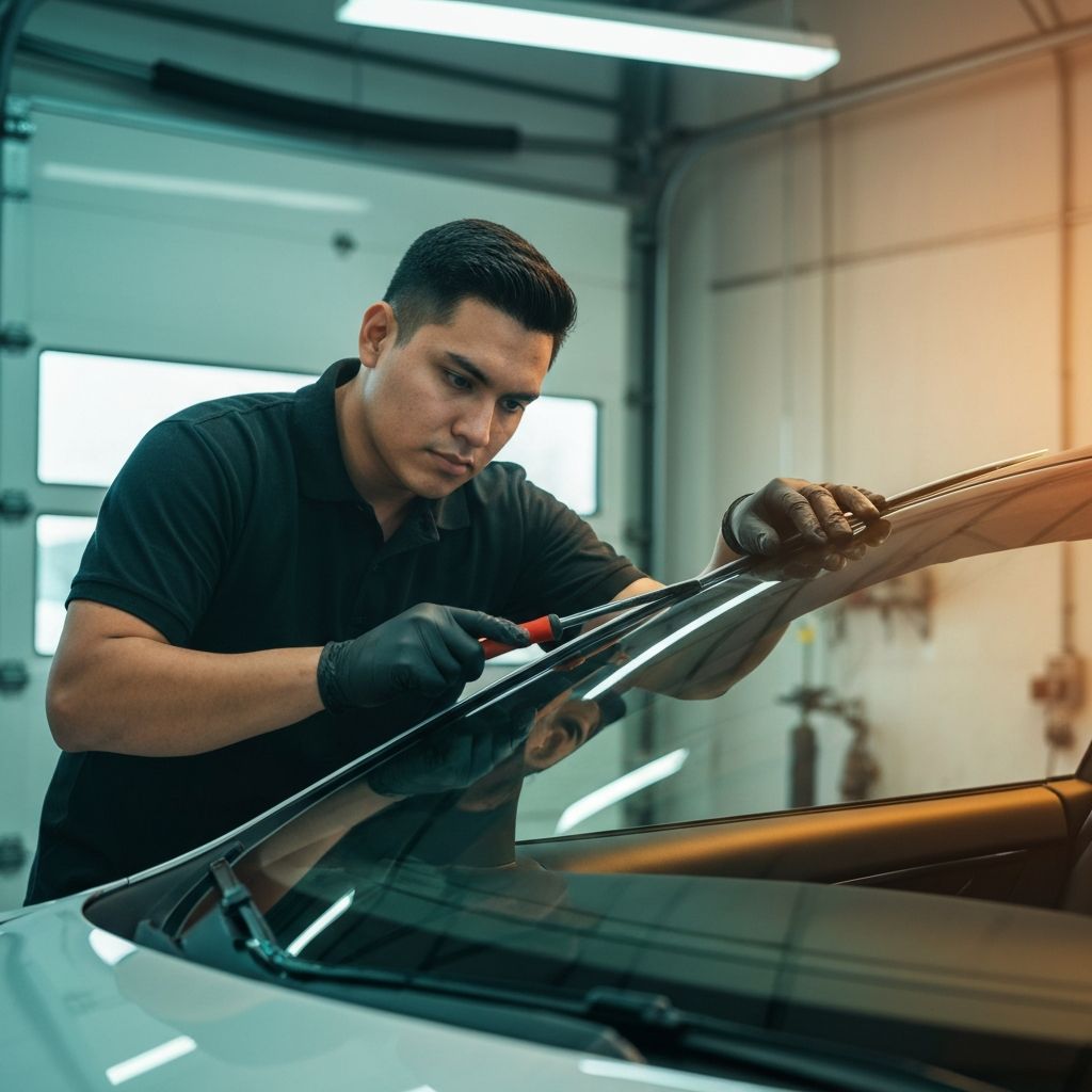 Technician installing windshield on Tesla